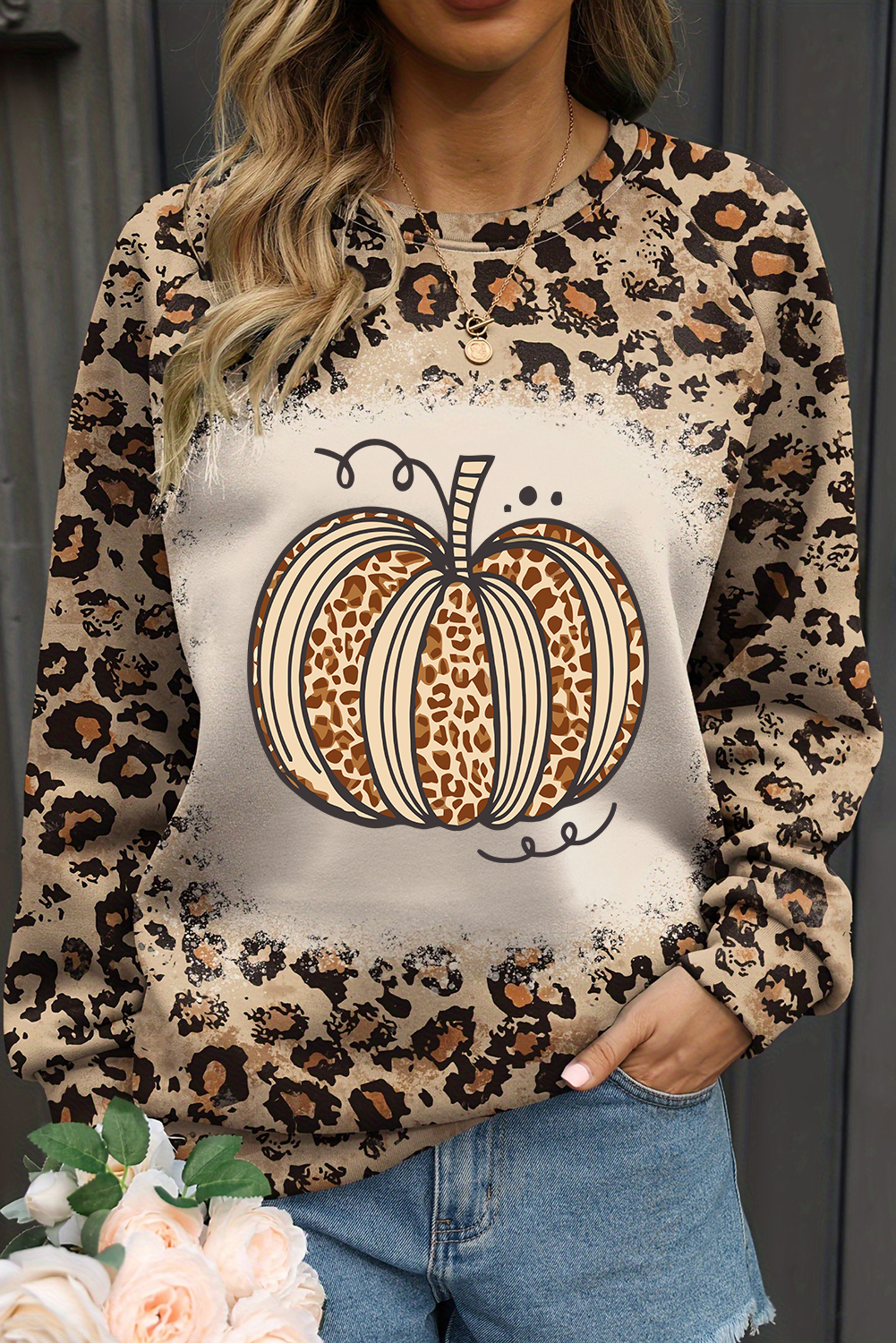 Brown Bleached Halloween Pumpkin Leopard Print Sweatshirt - loveforevers