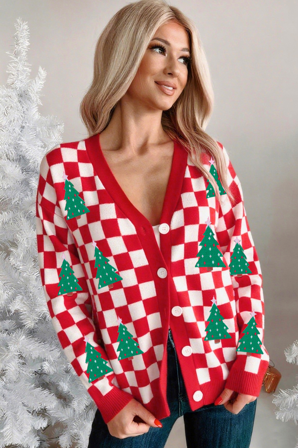 Pink Checkered Christmas Tree Pattern Button V Neck Cardigan Sweater - loveforevers
