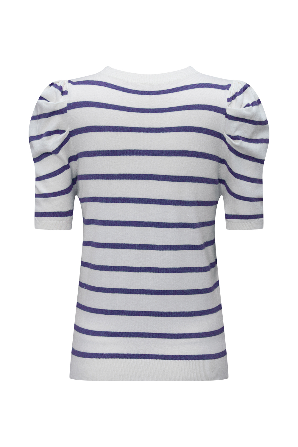 Blue Stripe Ribbed Trim Round Neck Bubble Sleeve Knitted Top - loveforevers
