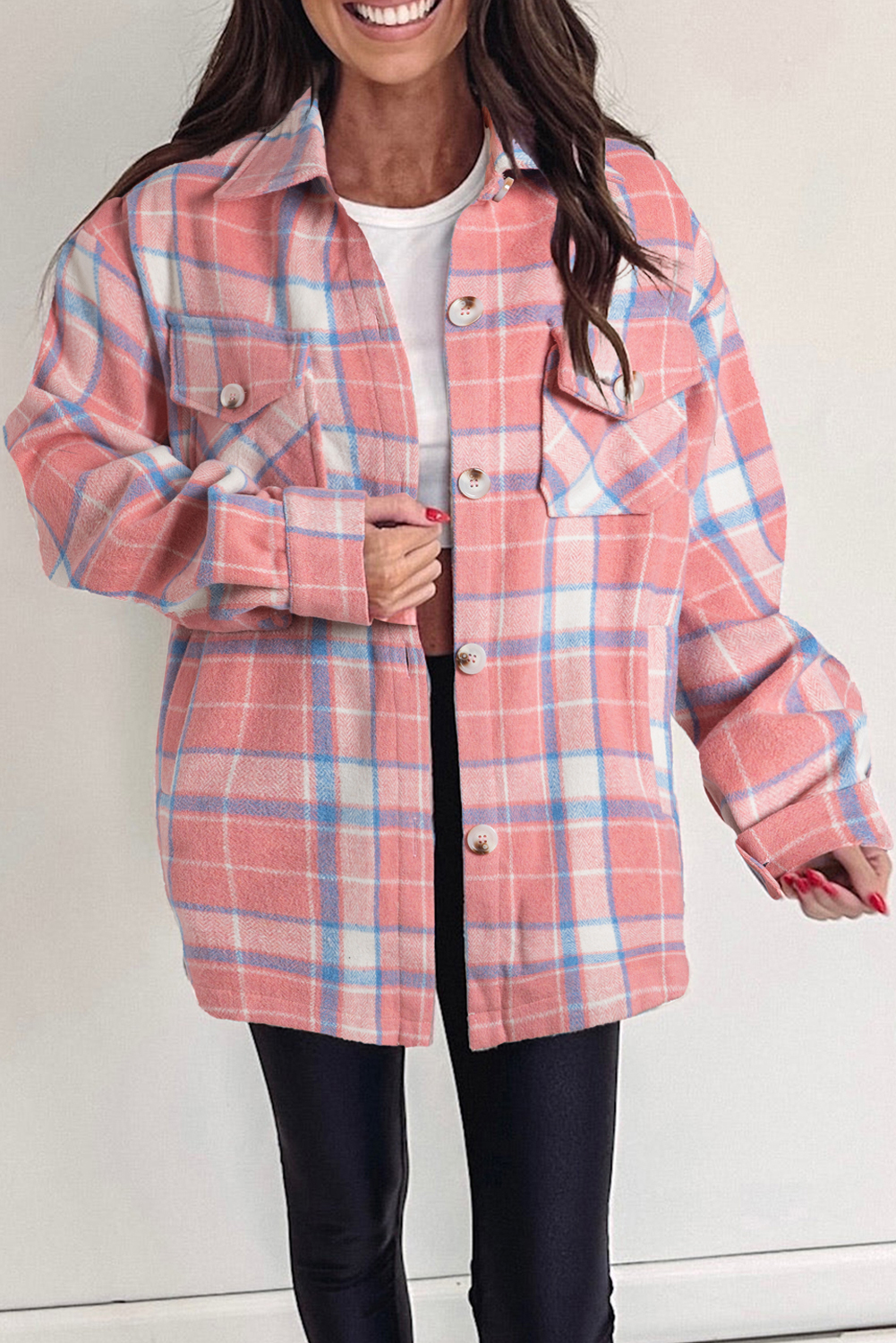 Pink Plaid Flap Pocket Button Up Shacket - loveforevers