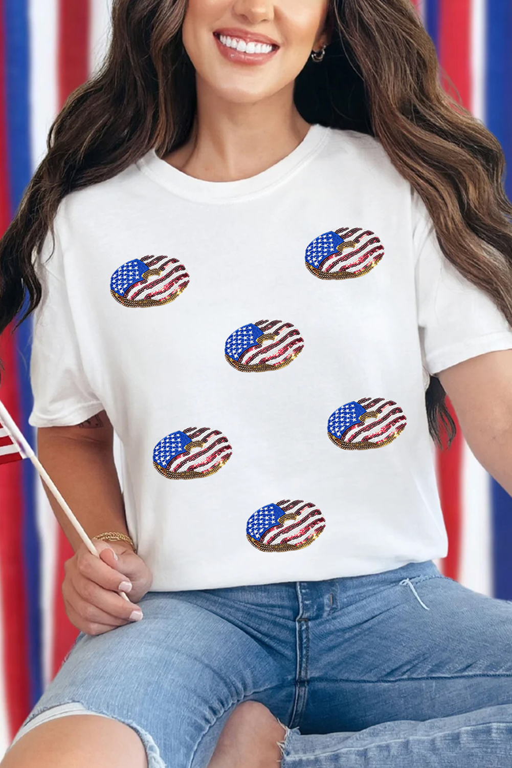 White Sequined Flag Pattern Donuts Graphic T Shirt - loveforevers