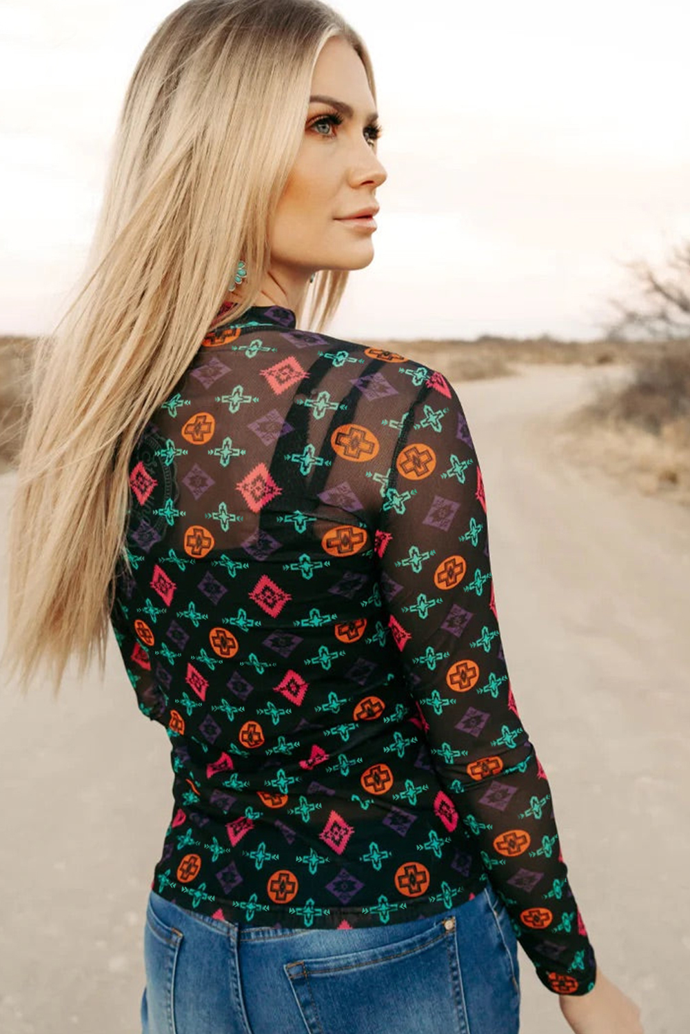 Black Western Aztec Printed Long Sleeve Mesh Top - loveforevers