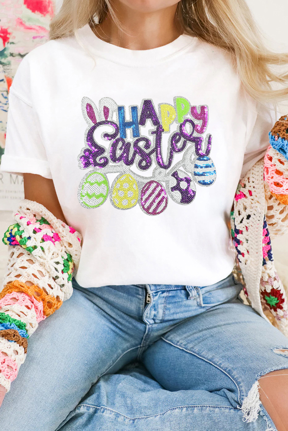 White Happy Easter Sequin Patched Casual Tee - loveforevers