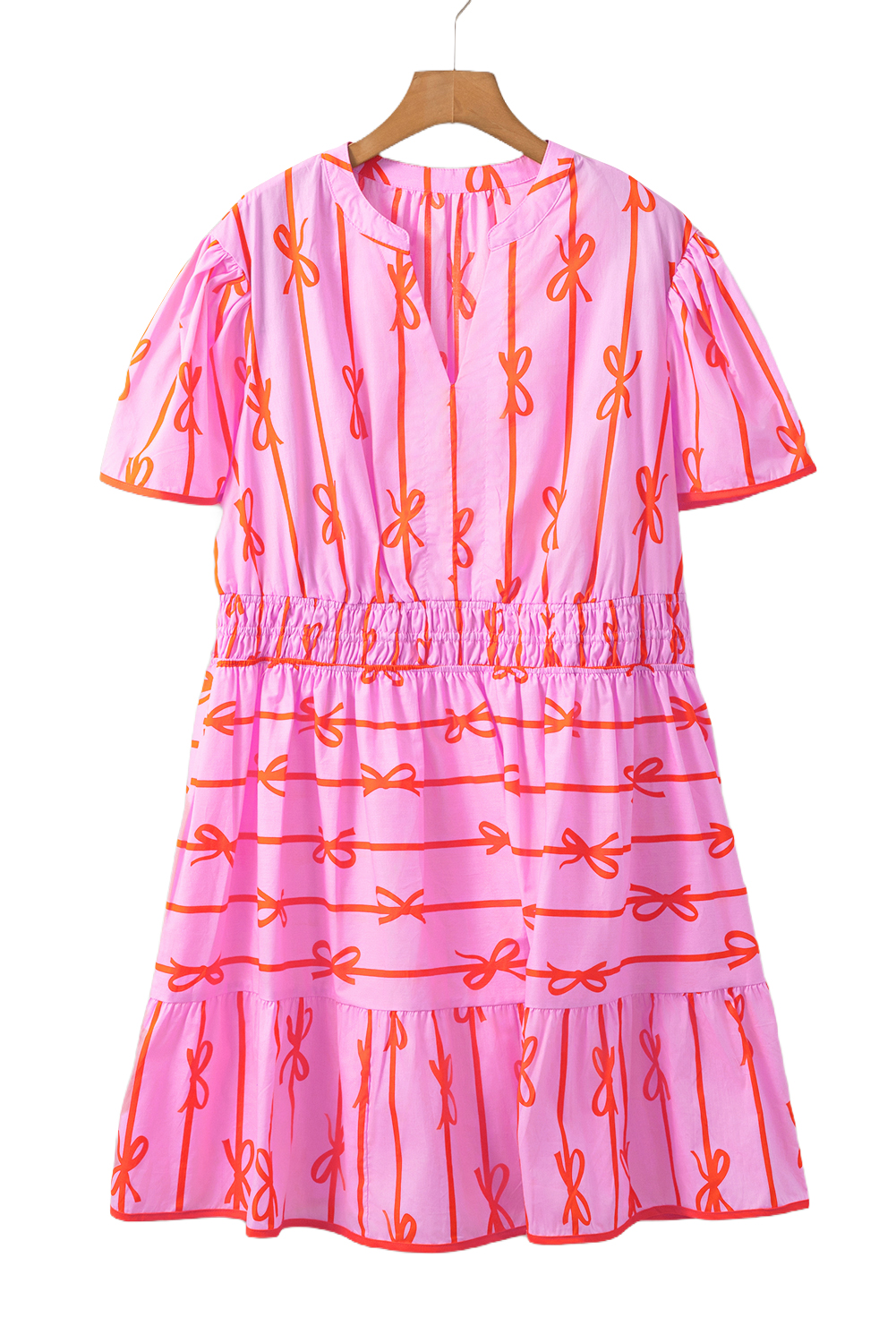 Pink Bowknot Striped Printed Bubble Sleeve Buttoned Belted Mini Dress - loveforevers