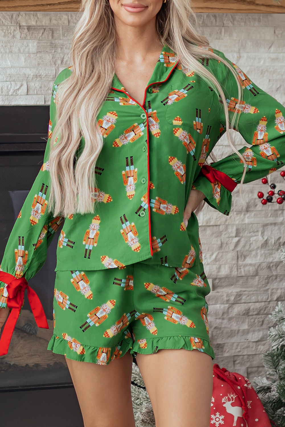 Green Christmas Candy Contrast Trim Bow Knot Silky 2pcs Pajama Set - loveforevers