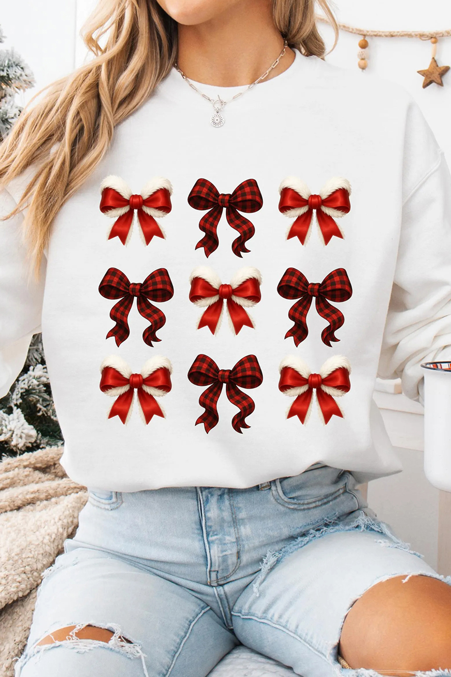 White Festive Bow Graphic Christmas Holiday Classic Sweatshirt - loveforevers