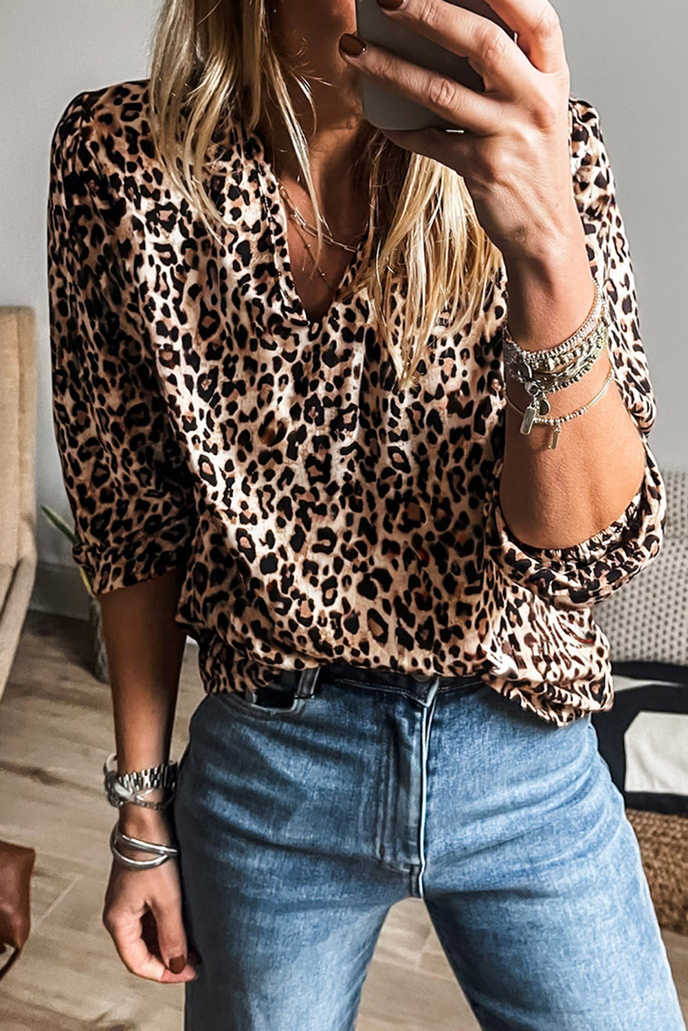 Apricot Leopard V Neck Half Sleeve Blouse - loveforevers