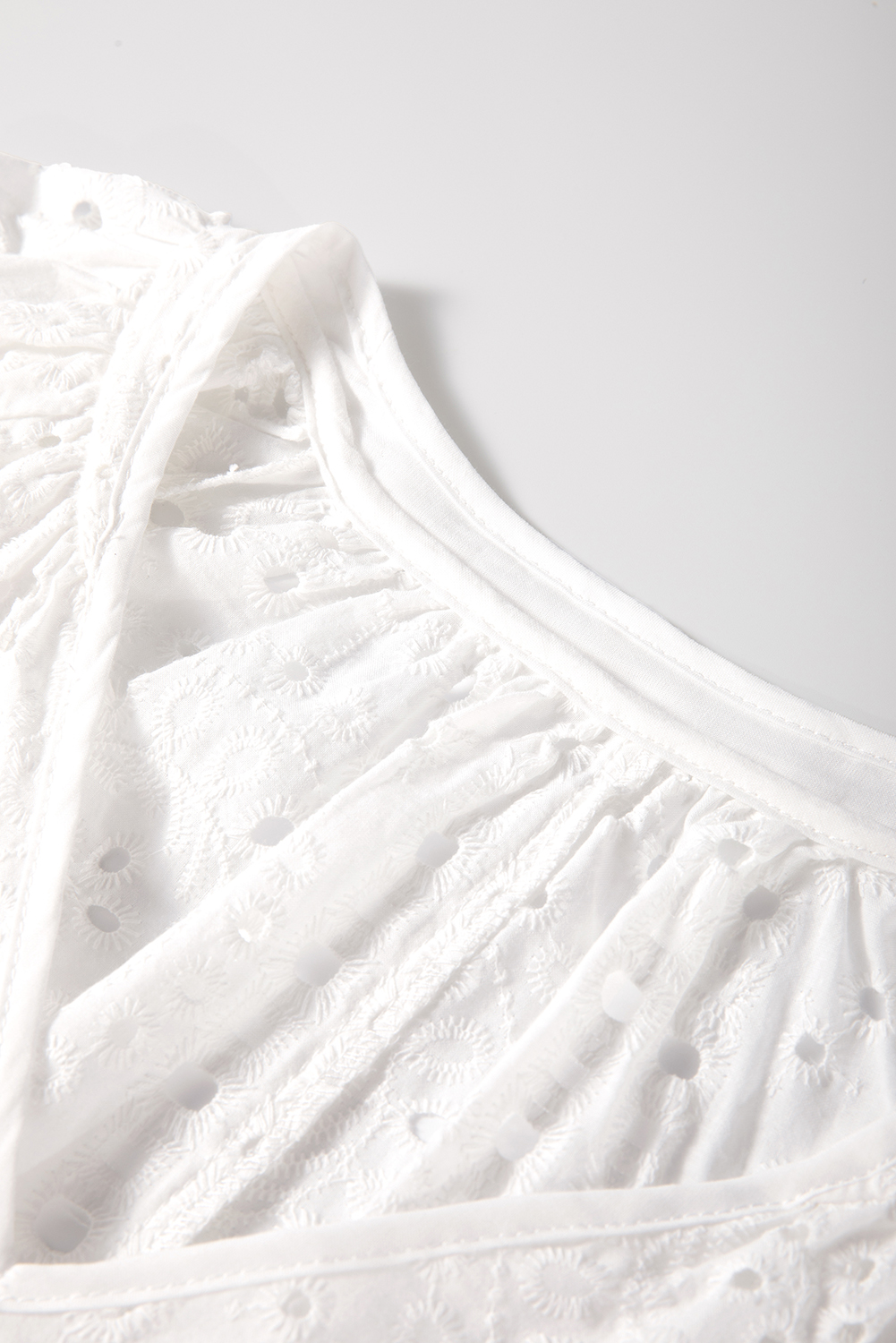 White Eyelet Embroidered Puff Sleeve V Neck Blouse - loveforevers