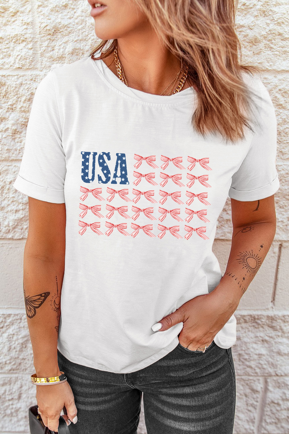 White USA Flag Bow Knot Print Round Neck T Shirt - loveforevers