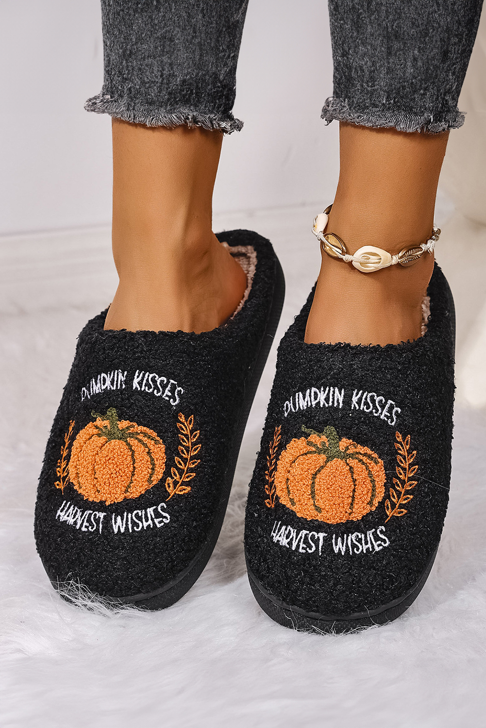 Black Pumpkin Harvest Pattern Cozy Fuzzy House Slippers - loveforevers