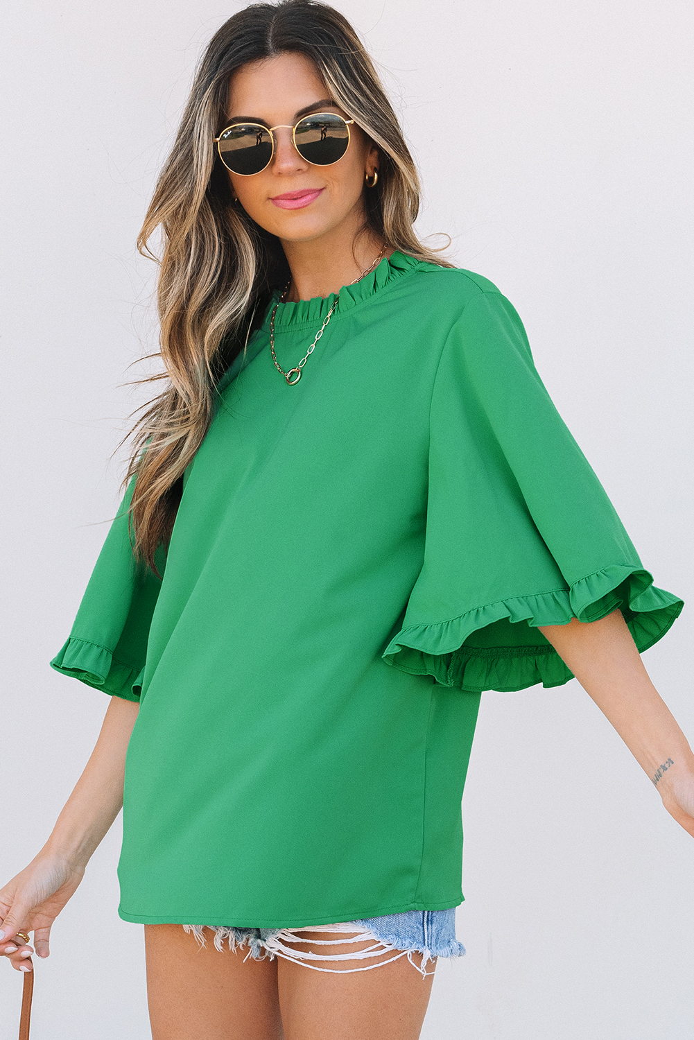 Green Frilly Round Neck Wide Half Sleeve Blouse - loveforevers