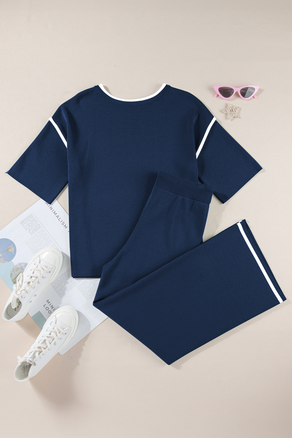 Blackish Green Contrast Trim Half Sleeve Top Drawstring Pants Loose 2pcs Sweater Suit - loveforevers