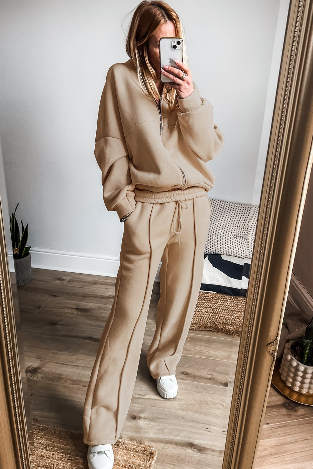 Apricot Solid Seamed Zipper Jacket and Drawstring Waist Pants Set - loveforevers