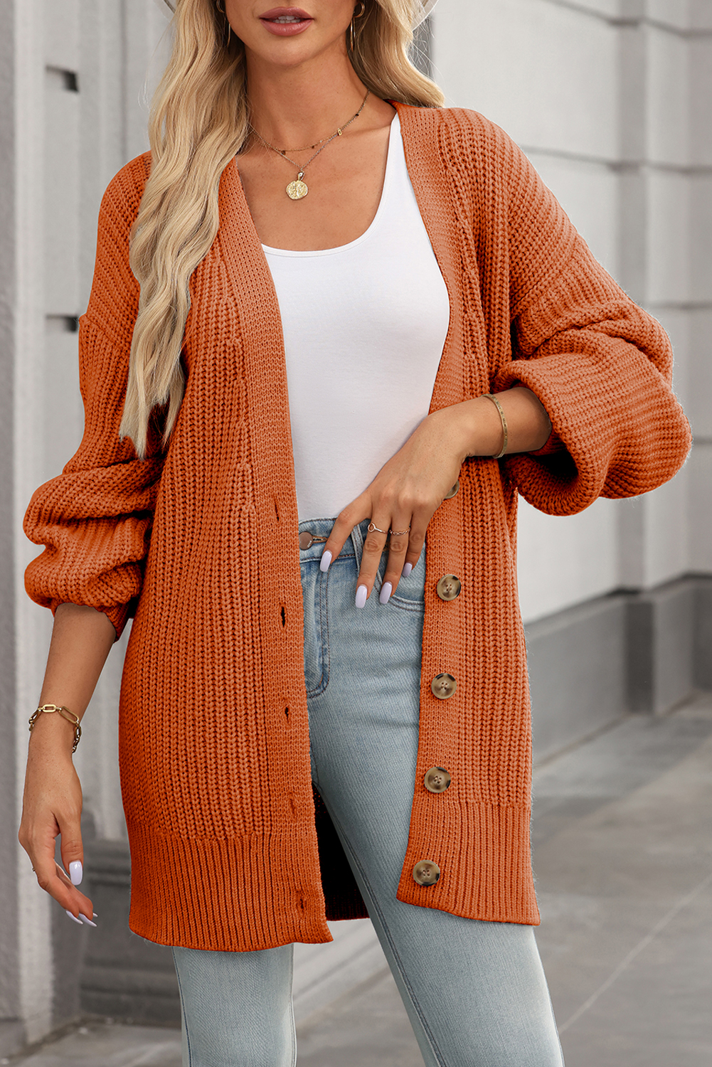 Gold Flame Button Front V Neck Chunky Cardigan Sweater - loveforevers