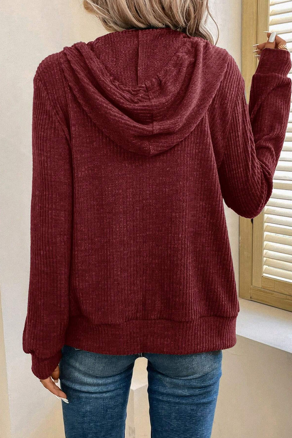 Dark Grey Ribbed Zip Up Front Drawstring Hoodie - loveforevers