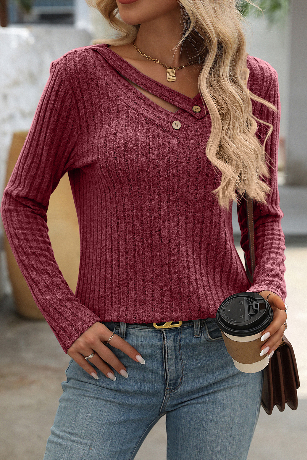 Mineral Red Ribbed Long Sleeve Buttoned Strap V Neck Top - loveforevers