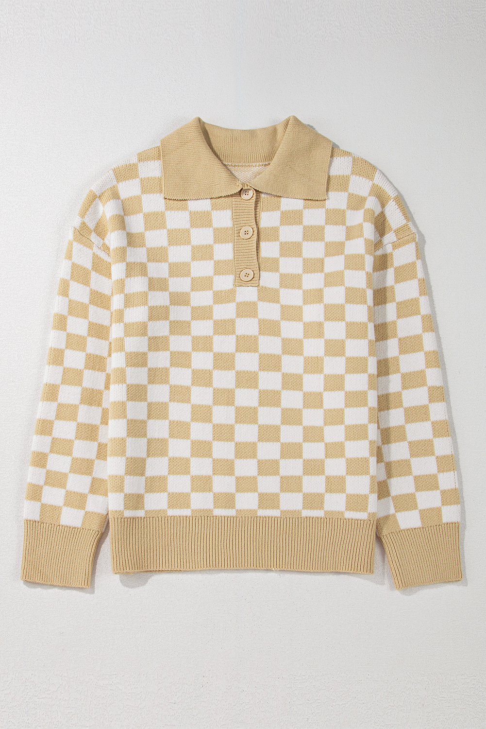 Pink Checkered Buttons Collar V Neck Drop Shoulder Sweater - loveforevers