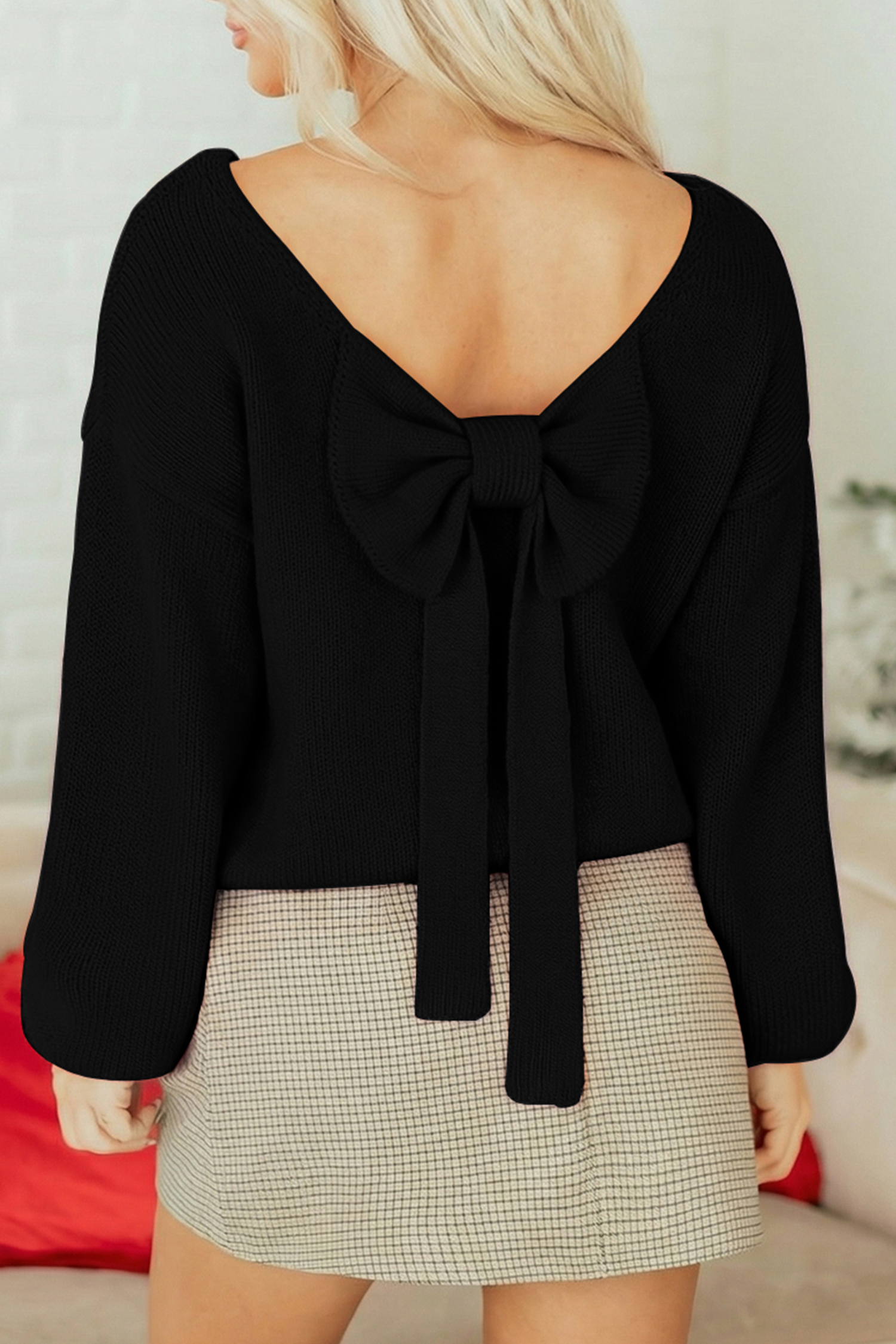 Bonbon Festive Bow Backless Bubble Sleeve Sweater - loveforevers
