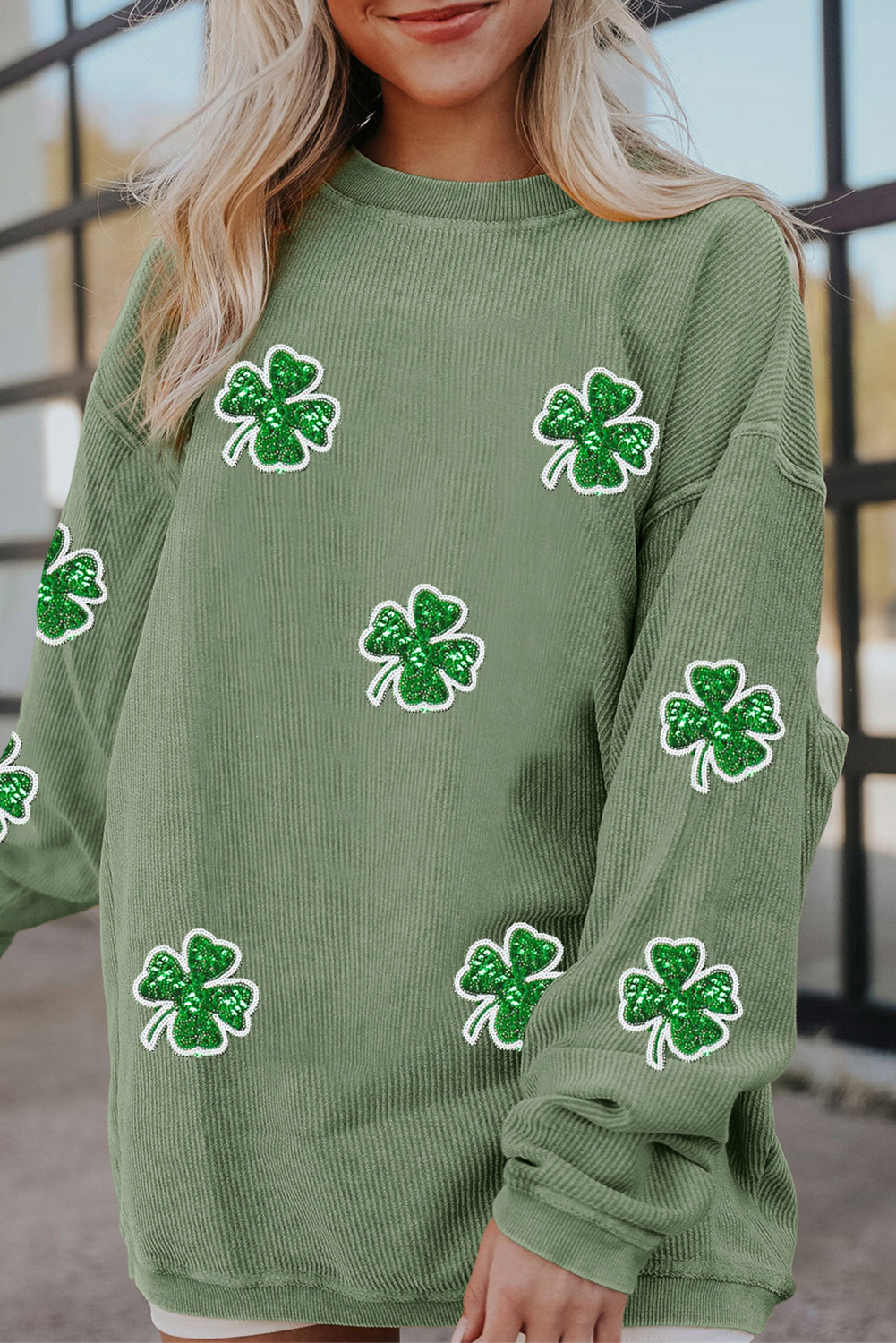 Grass Green Ribbed Four Leaf Clover Graphic St. Patricks Pullover Sweatshirt - loveforevers