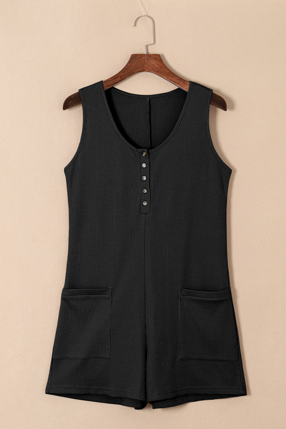 Black Waffle Sleeveless U Neck Buttons Romper With Pockets - loveforevers