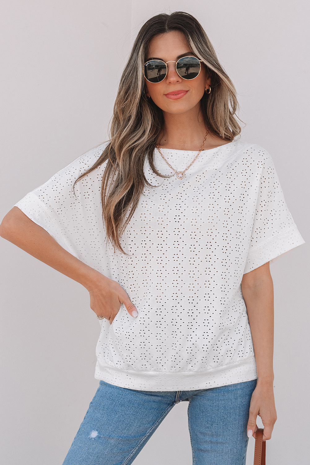 White Eyelet Pattern Boat Neck Casual Tee - loveforevers