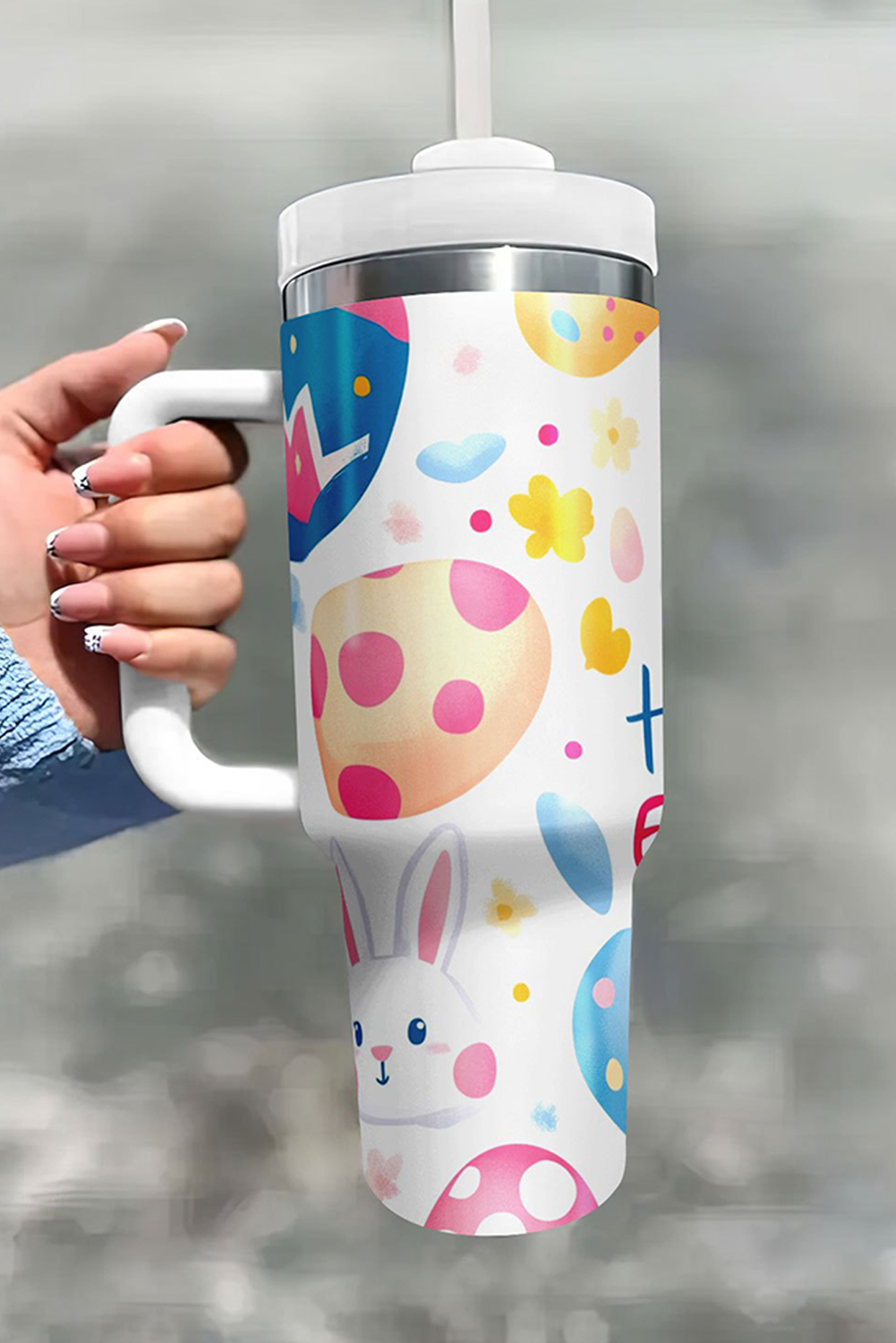 White Happy Easter Bunny Eggs Printed Thermal Tumbler - loveforevers