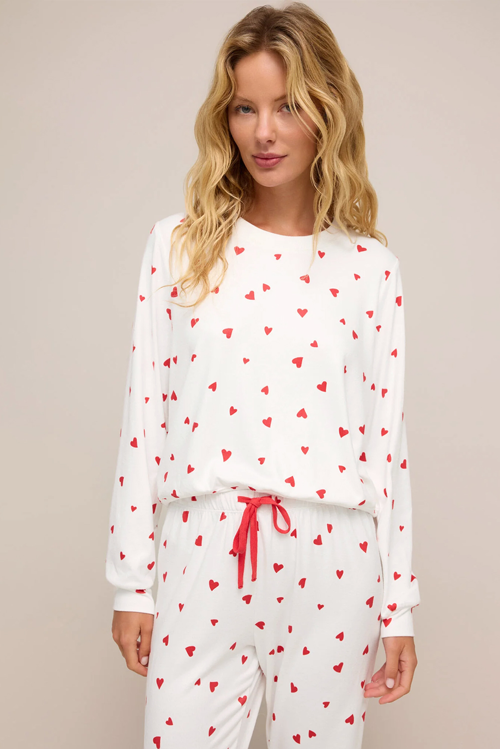 Fiery Red Tiny Hearts Printed Long Sleeve Top Drawstring Lounge Pant Set - loveforevers