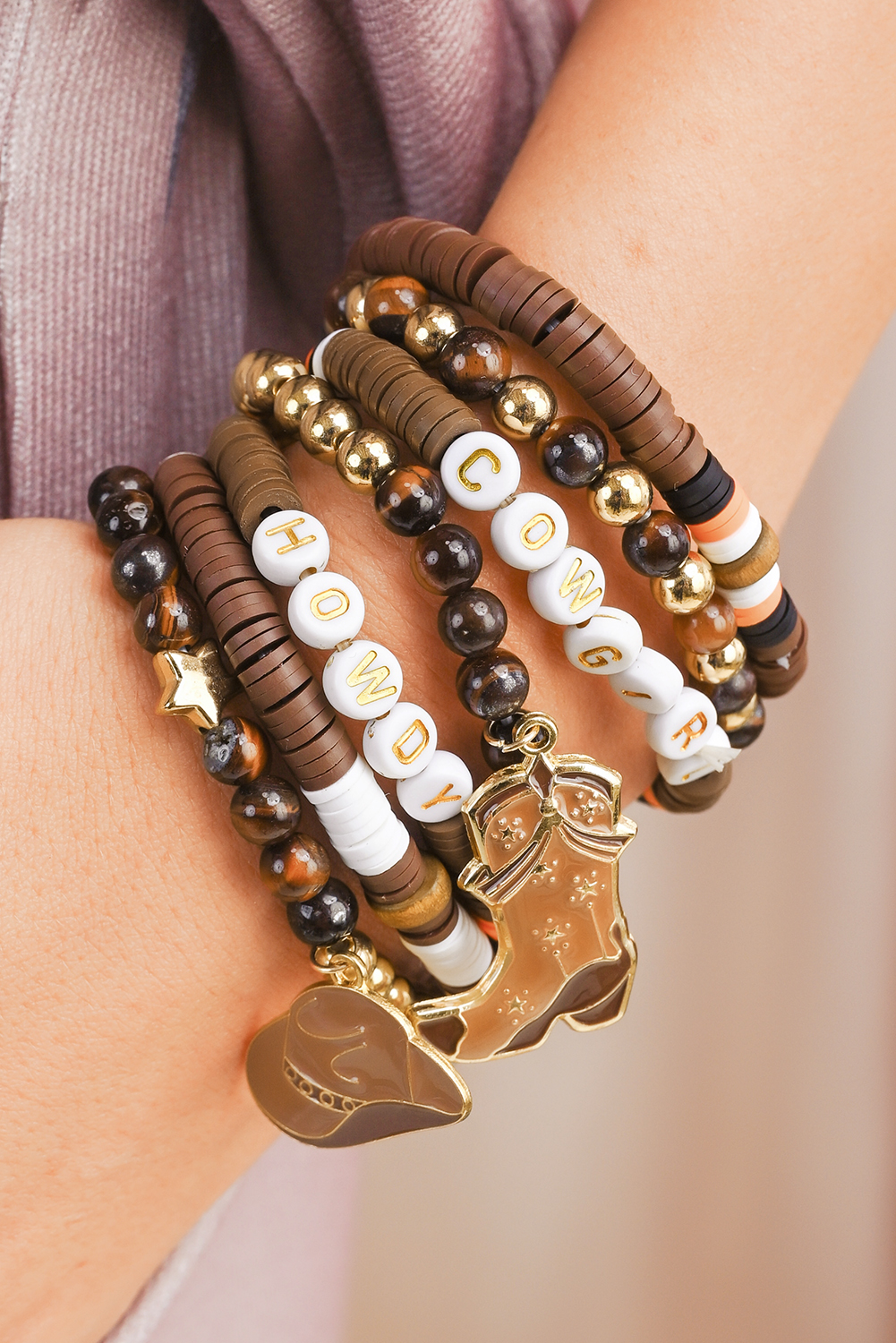Coffee HOWDY COWGIRL Western Beaded 7pcs Stretch Bracelet Set - loveforevers