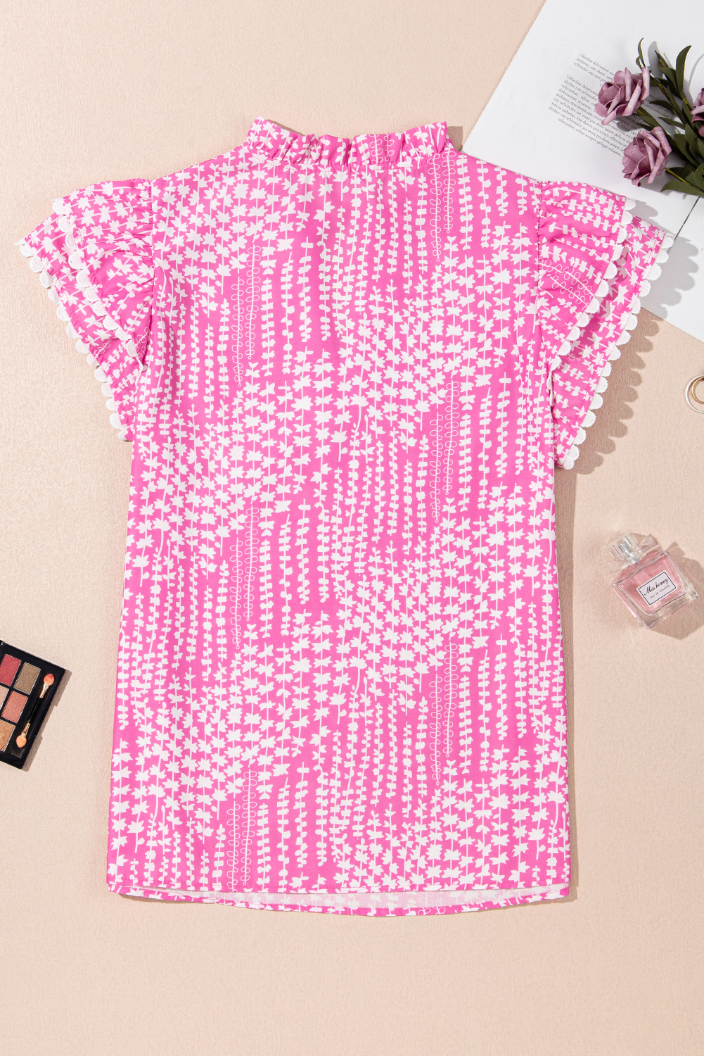 Pink Abstract Print Ric Rac Trim Flutter Sleeve Notch V Neck Blouse - loveforevers