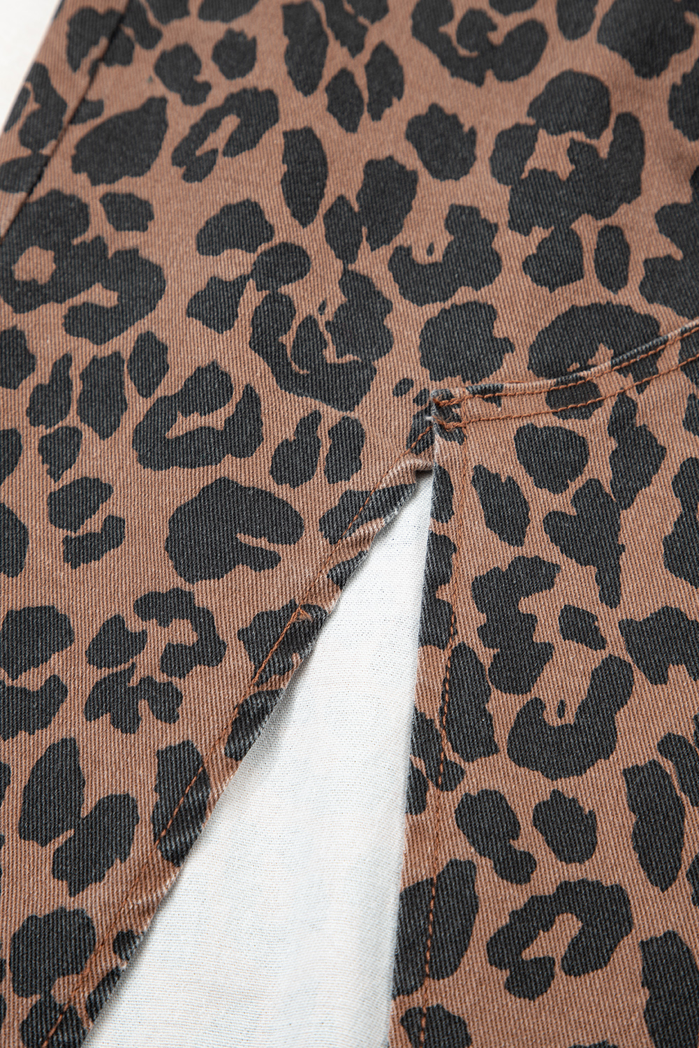 Brown Leopard Denim Frayed Split Denim Midi Skirt - loveforevers
