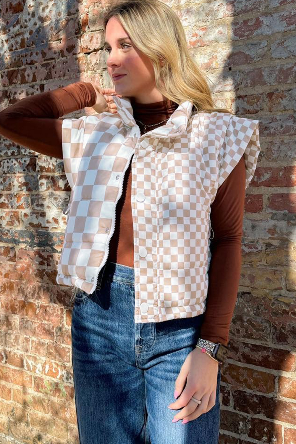 Khaki Contrast Plaid Quilted Button Zip Up Vest - loveforevers