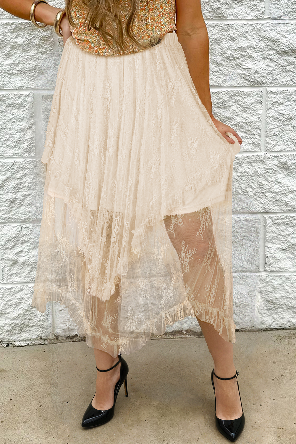Apricot Lace Cascading Tiered High Waist Maxi Skirt - loveforevers