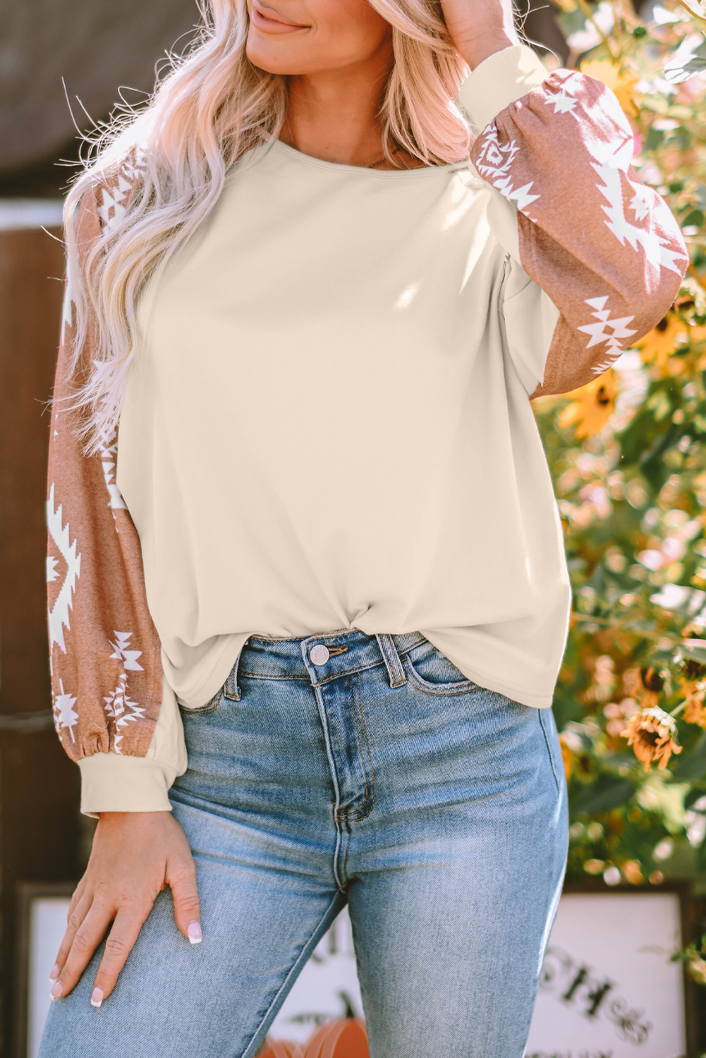 Apricot Western Print Patch Long Sleeve Top - loveforevers