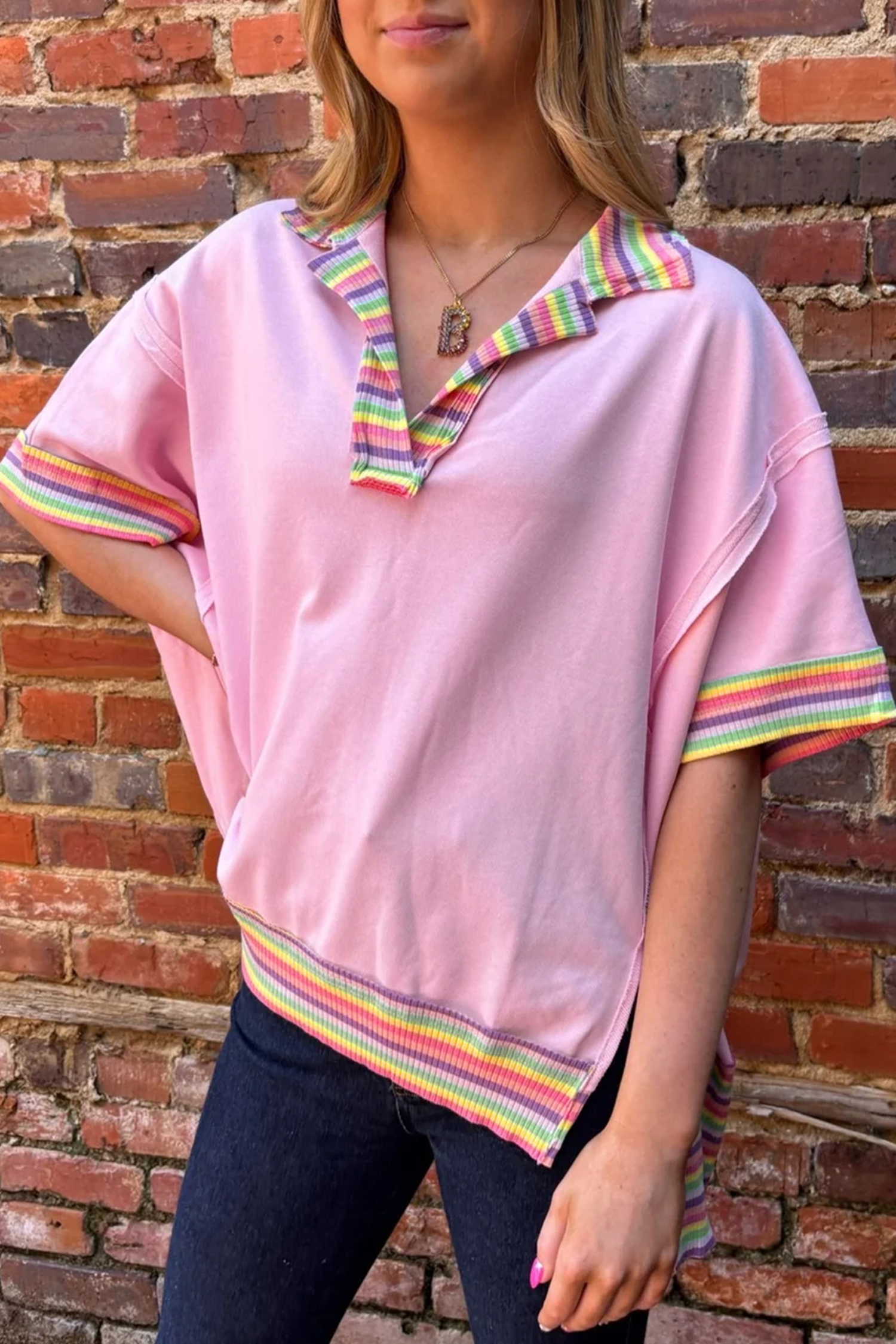 Pink Rainbow Stripe Ribbed Patchwork Raw Seam Oversize Polo Tee - loveforevers