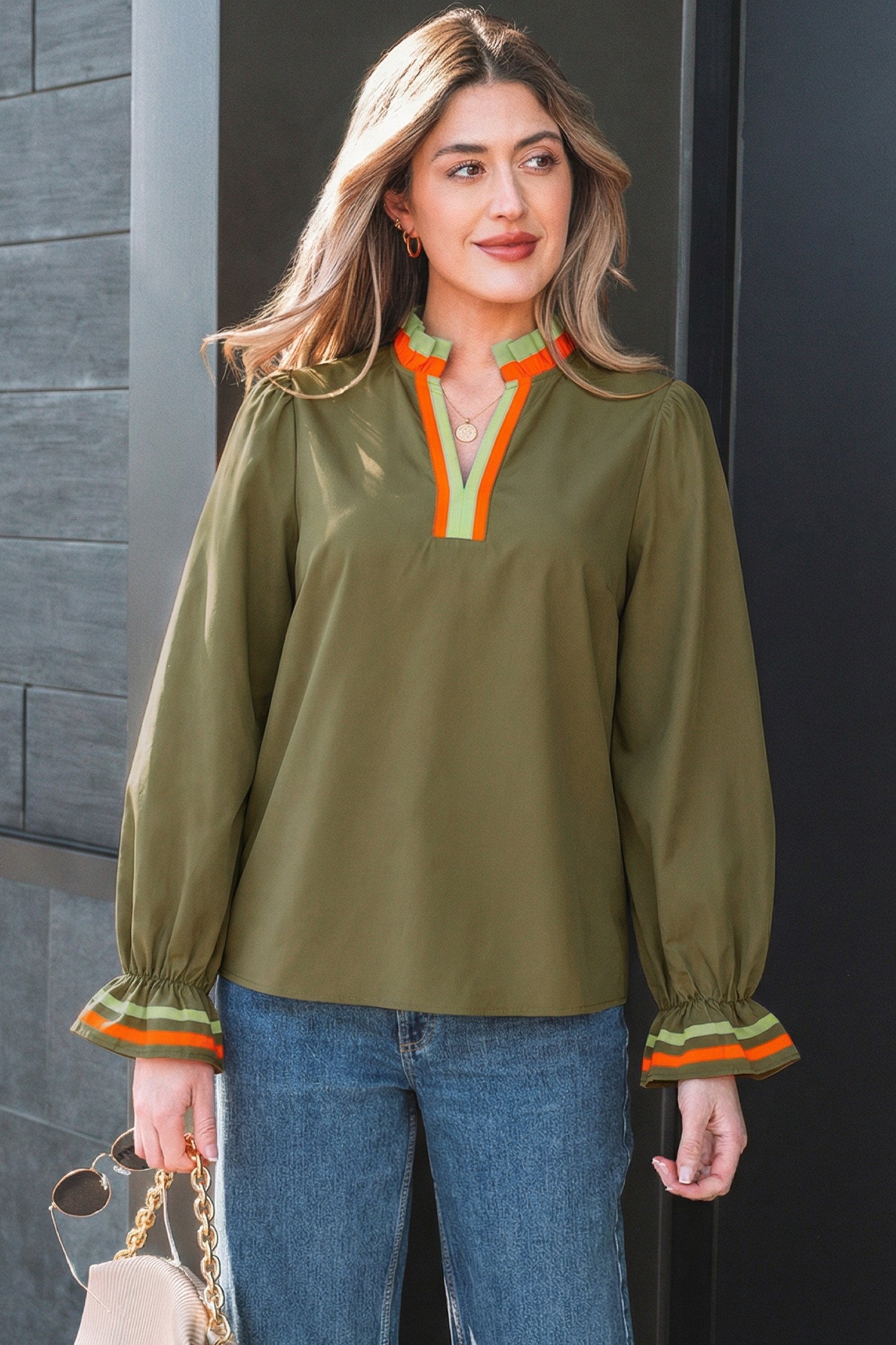 Four Leaf Clover Striped Trim Ruffle Split Neck Long Sleeve Blouse - loveforevers
