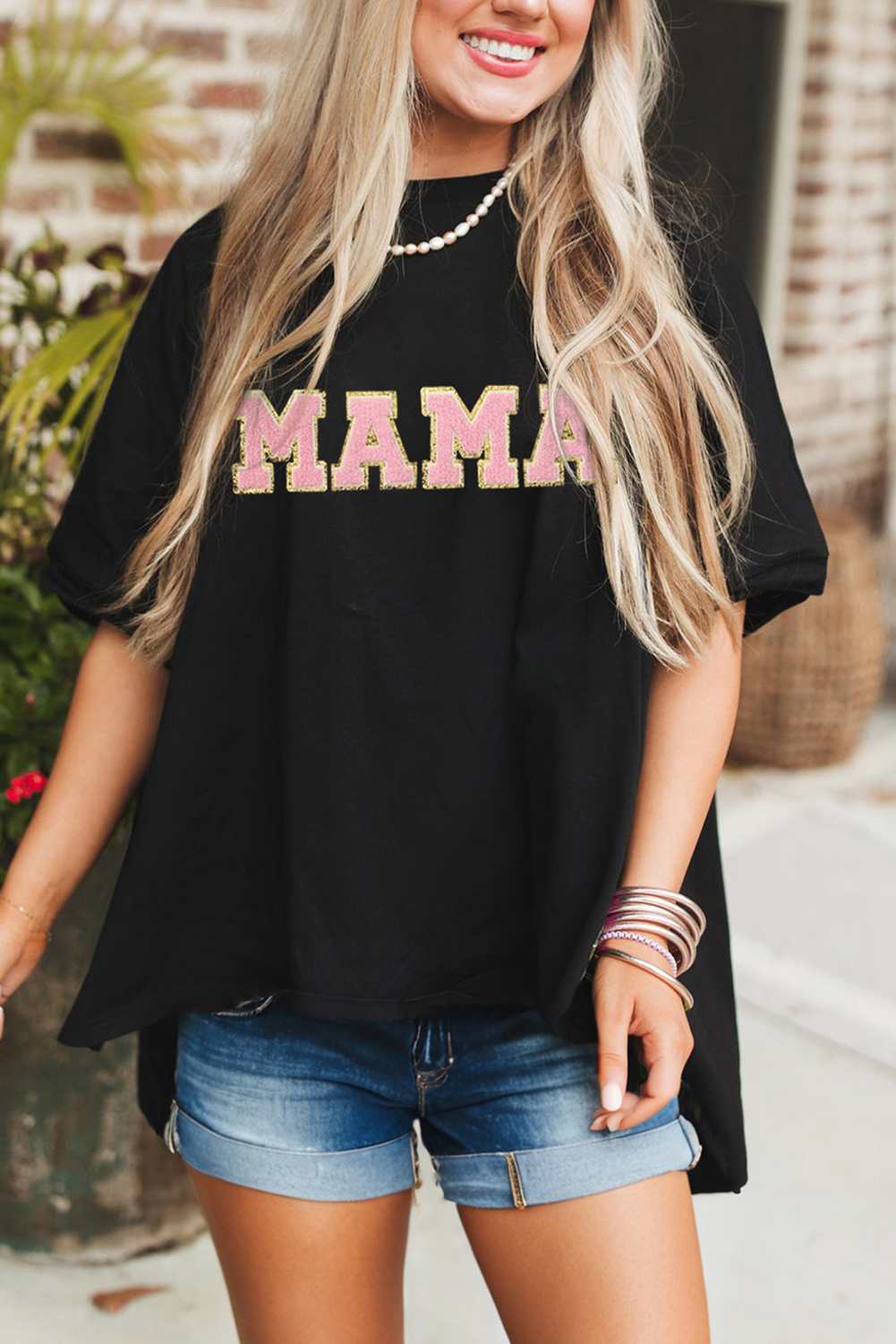 Black MAMA Patched Graphic Drop Shoulder Loose Tee - loveforevers