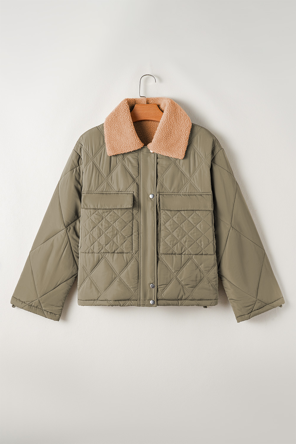 Jungle Green Teddy Collar Flap Pockets Quilted Puffer Jacket - loveforevers