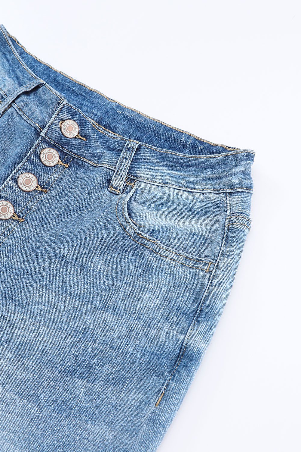 Sky Blue High Waist Buttoned Distressed Flared Jeans - loveforevers