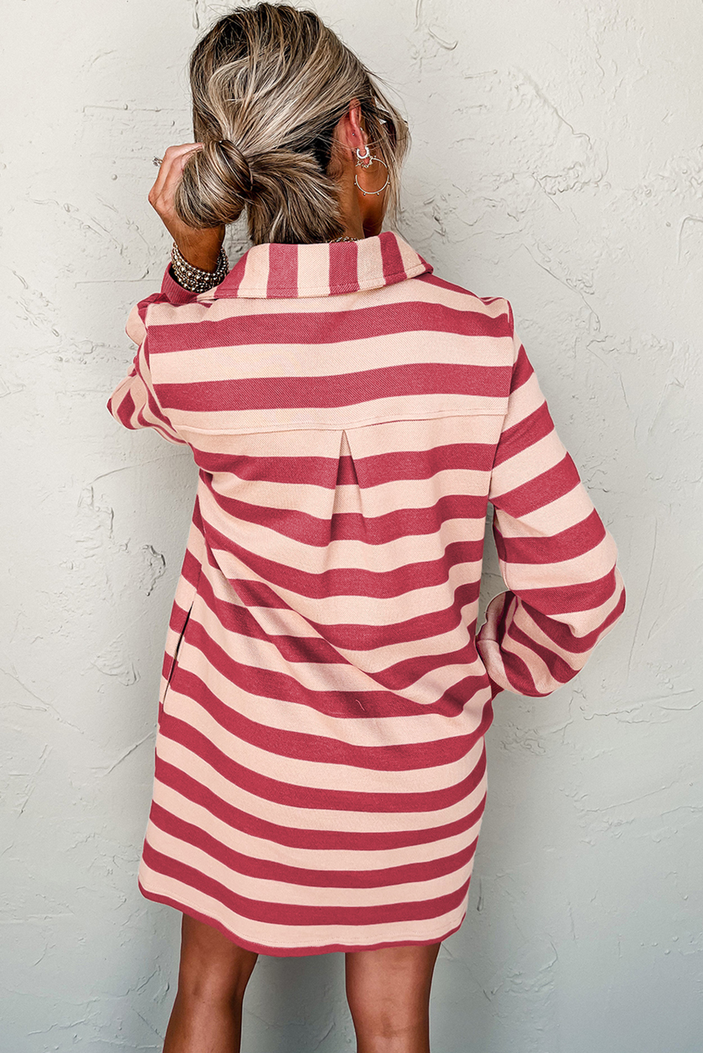 Khaki Stripe Collared V Neck Long Sleeve Loose Casual Dress - loveforevers