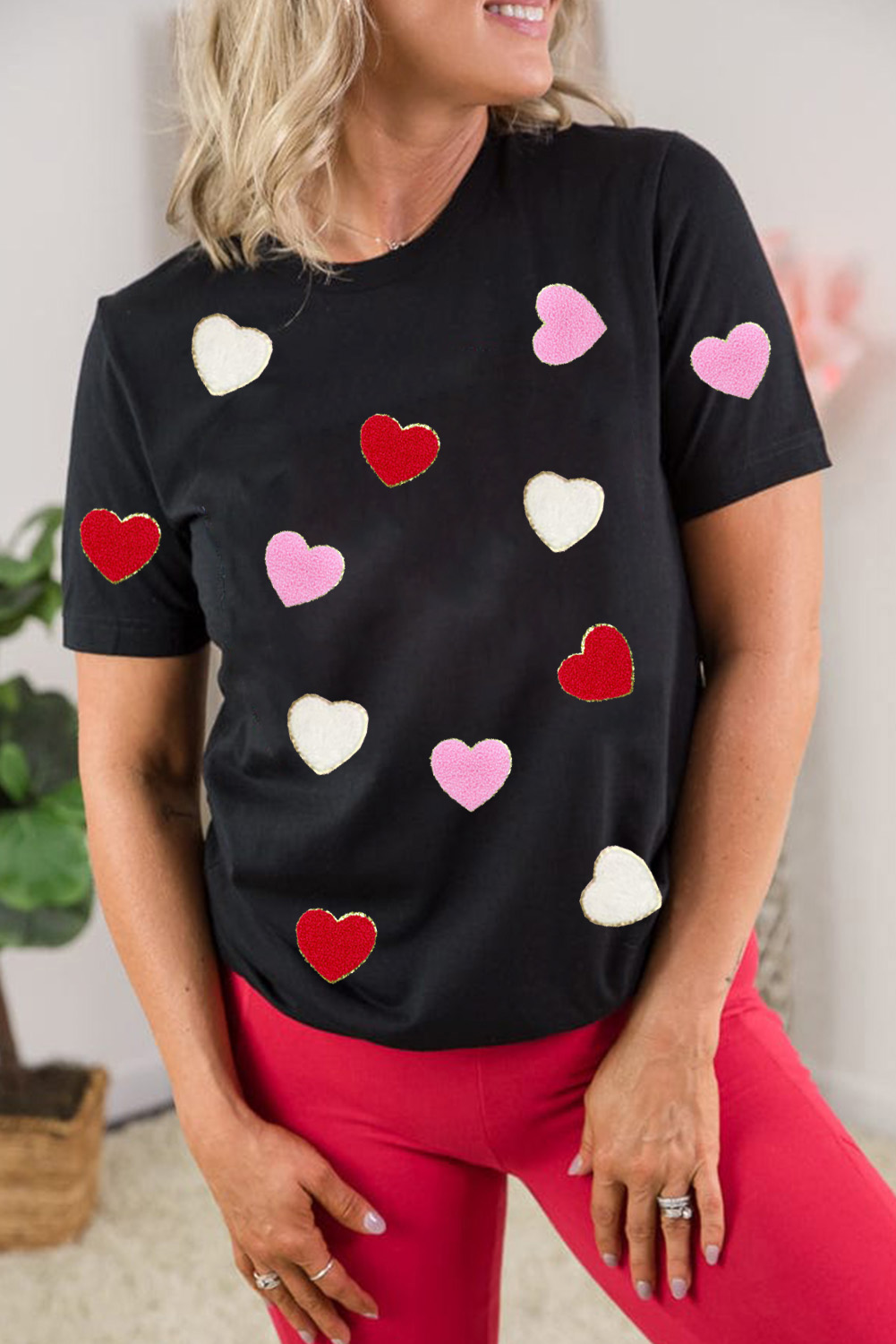 Black Valentines Chenille Heart Patched Pattern Crewneck Tee - loveforevers