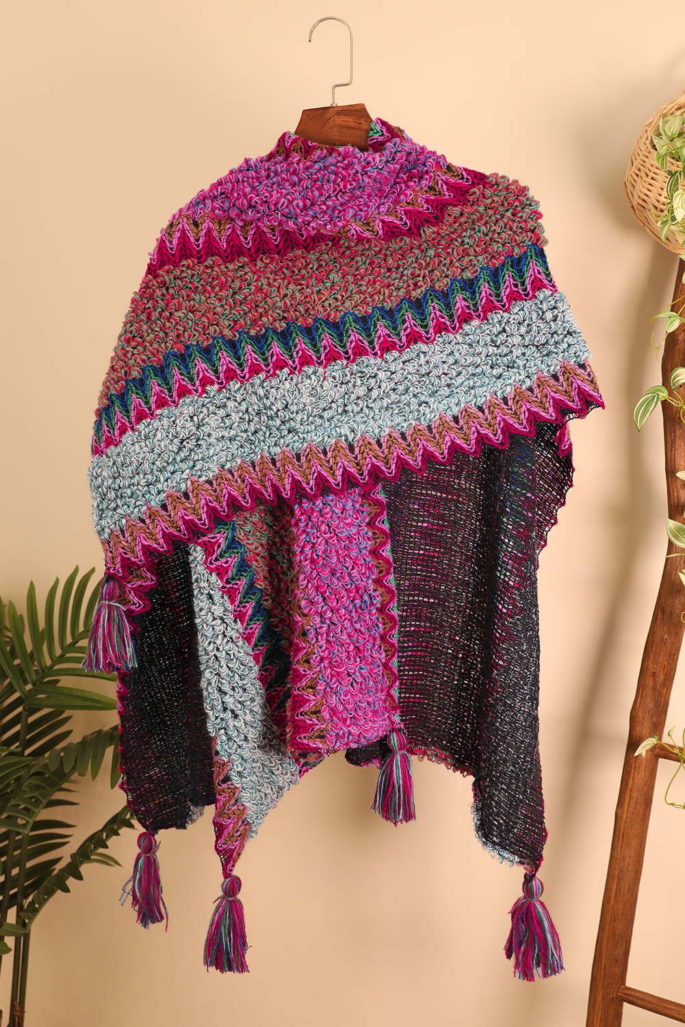 Rose Red Ethnic Knit Shawl Wrap Cape Sweater Thickened Tassel Poncho Cloak - loveforevers