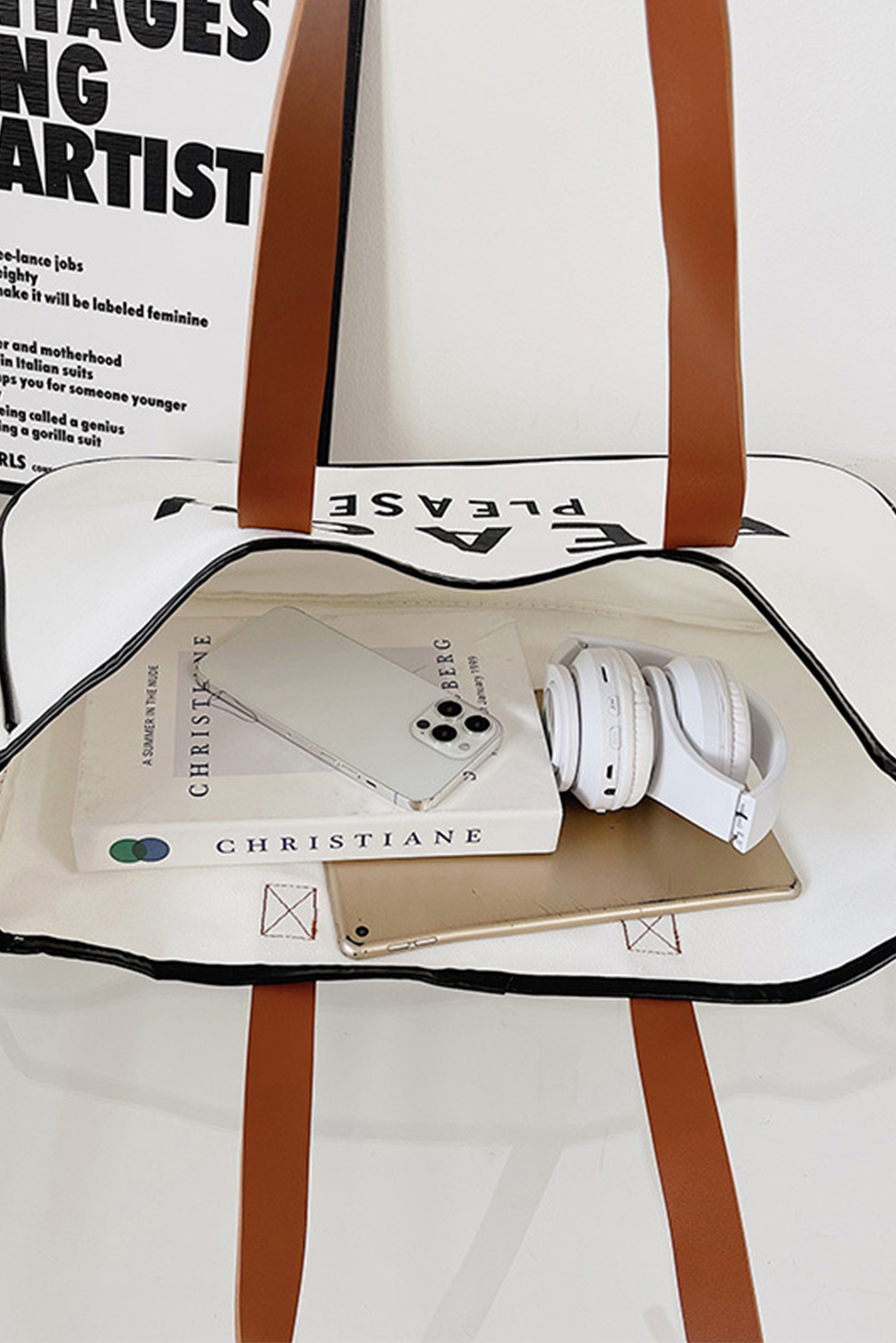 White BEACH PLEASE Print Large Canvas Tote Bag - loveforevers
