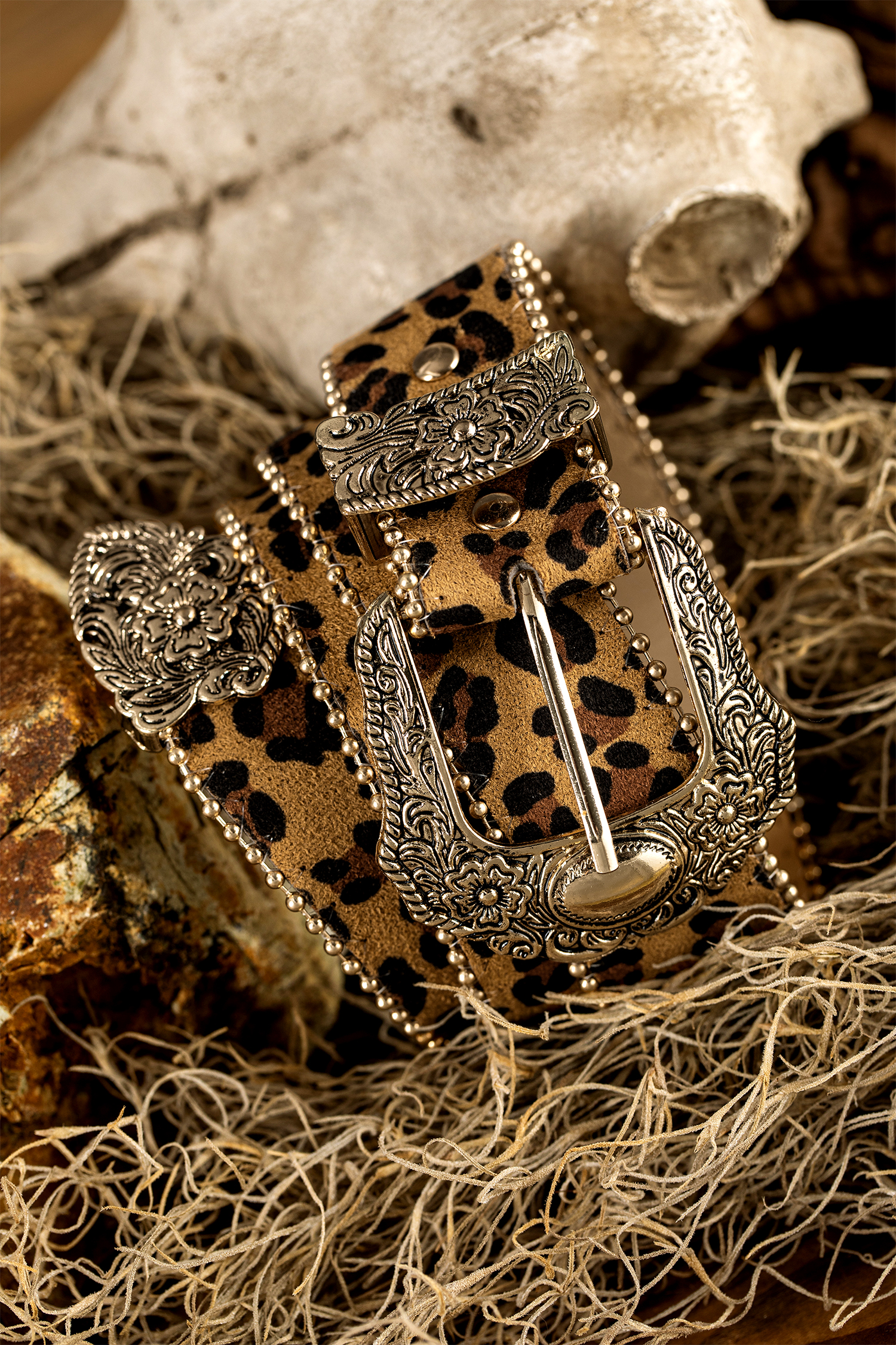 Thai Curry Leopard Beading Trim Retro Embossed Hardware PU Waist Belt - loveforevers