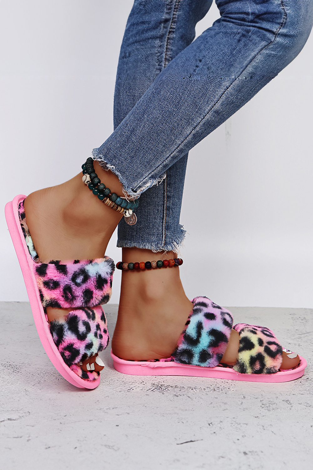 Rose Red Bold Plush Leopard Double Band Flat Slippers - loveforevers