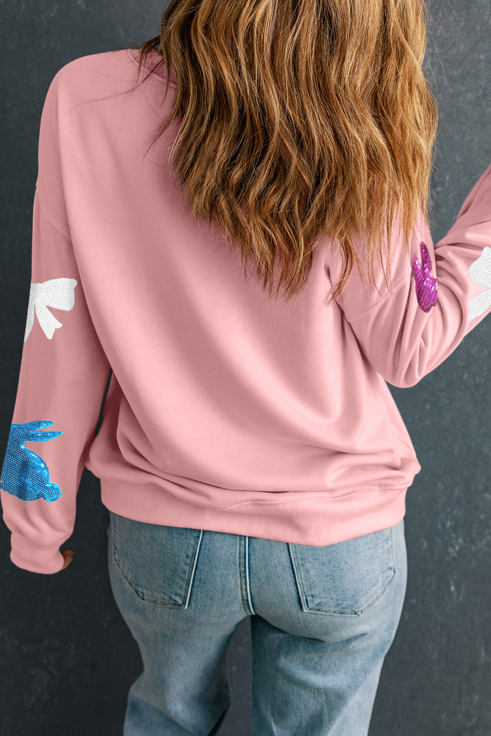 Pink Easter Bunny Bow Knot Sequined Crewneck Graphic Sweatshirt - loveforevers