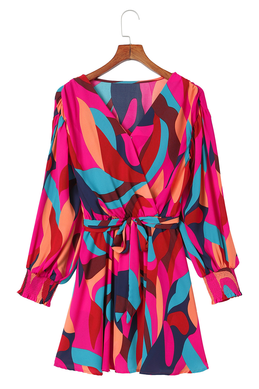 Fiery Red Abstract Printed Belted Puff Sleeve Mini Dress - loveforevers