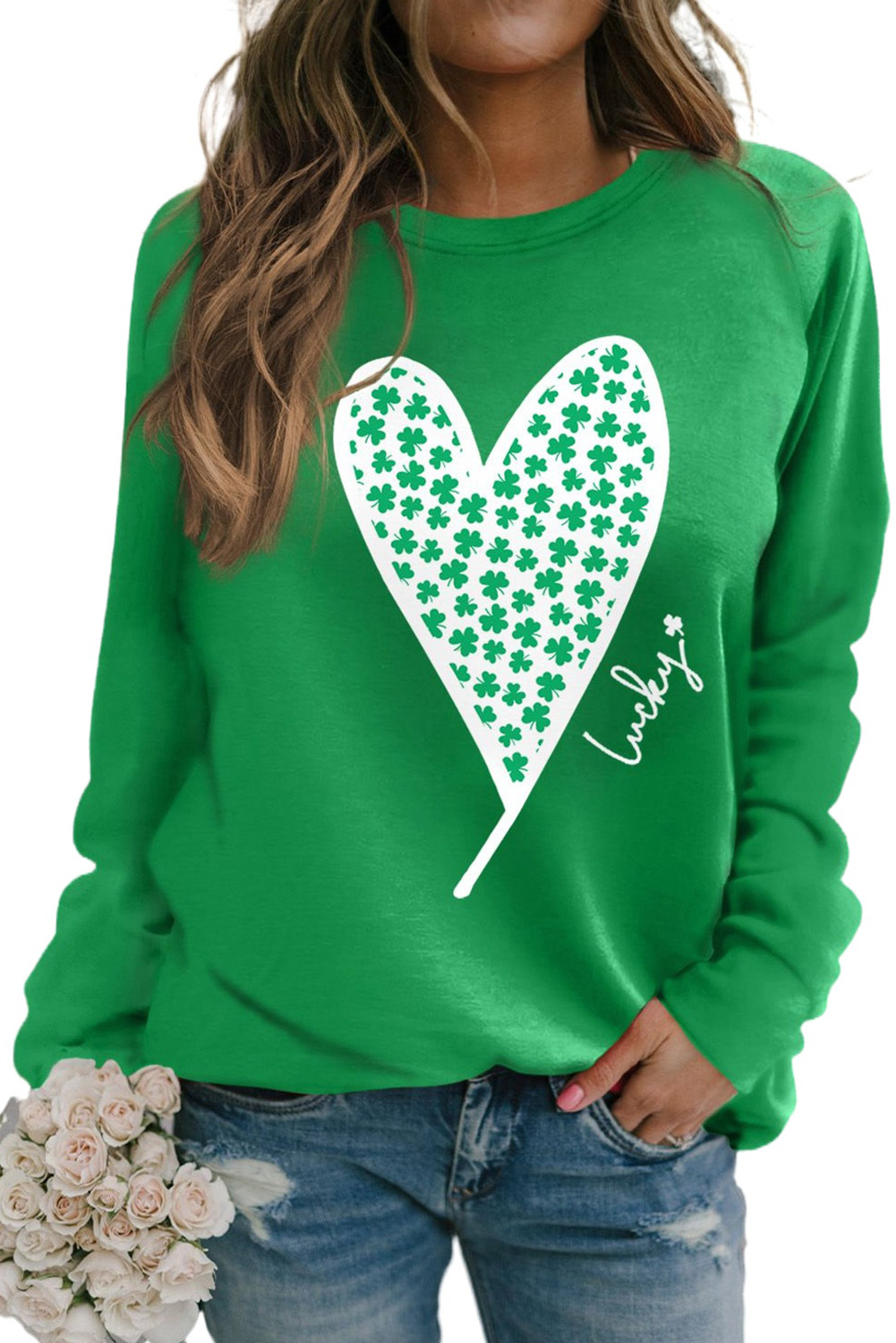 Green St. Patricks LUCKY Clover Print Raglan Sleeve Sweatshirt - loveforevers