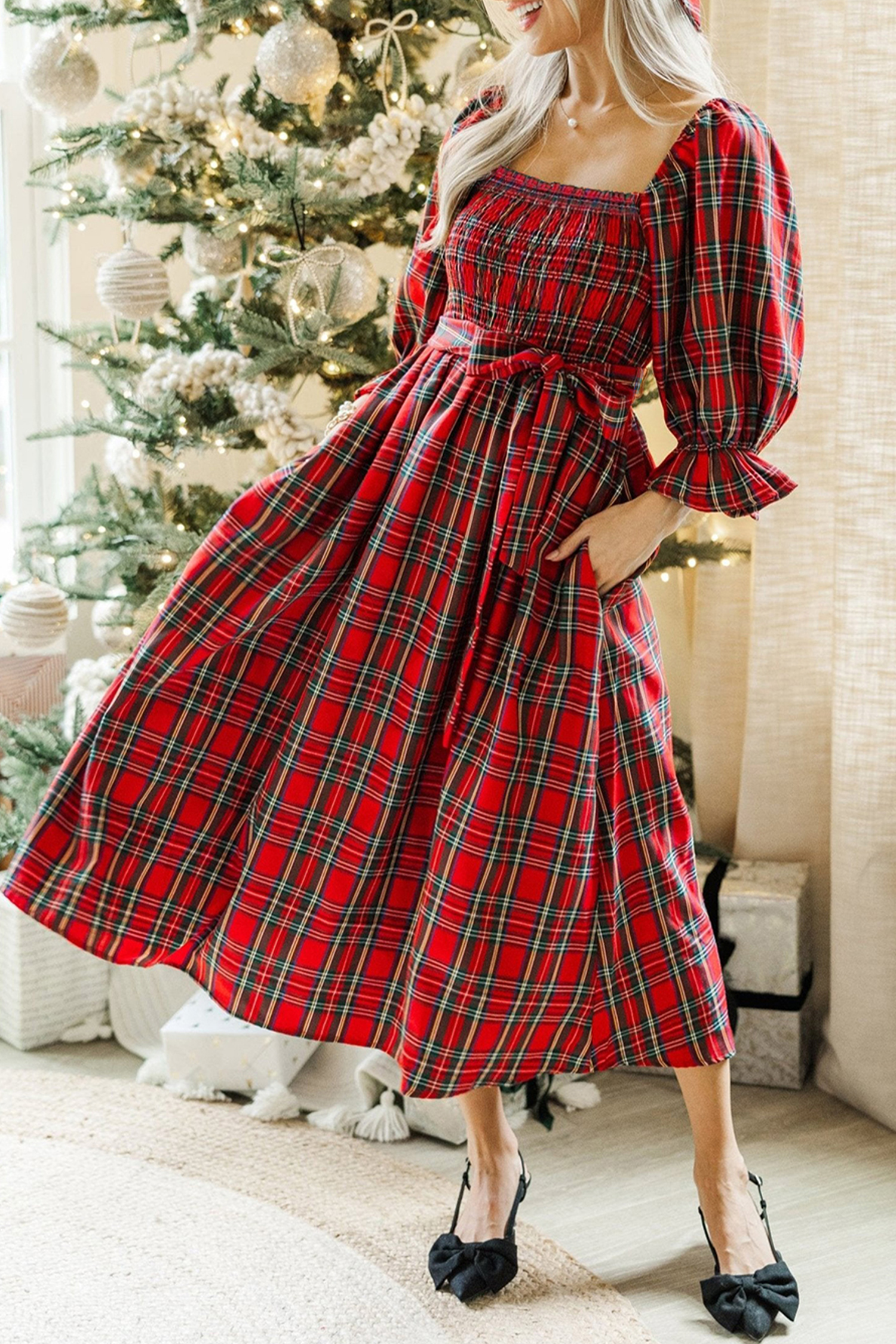 Red Tartan Plaid Square Neck Puff Sleeve Knot Waist Flared Midi Dress - loveforevers