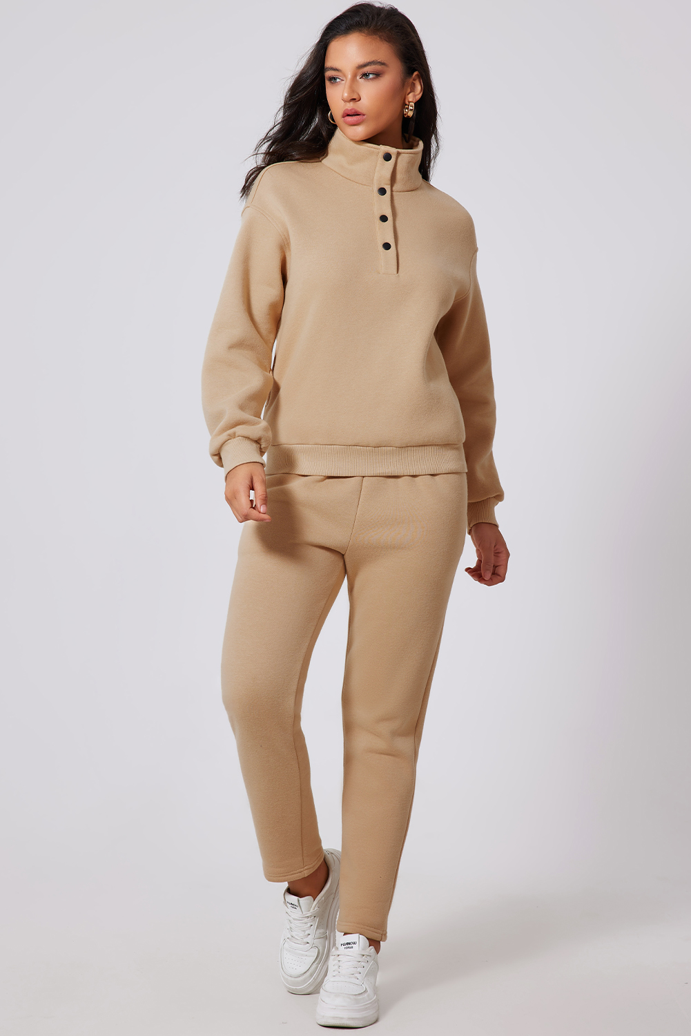 Parchment Solid Half Button Sweatshirt and High Waist Sweatpants Set - loveforevers