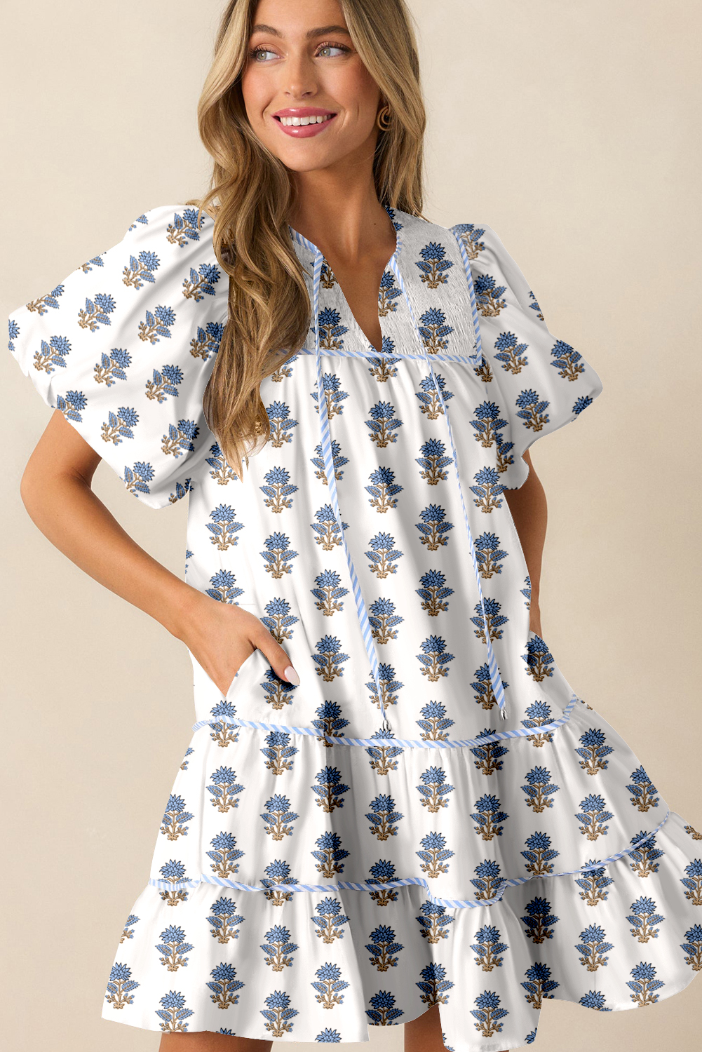 Sky Blue Floral Puff Sleeve Tied Neck Pocketed Mini Dress - loveforevers